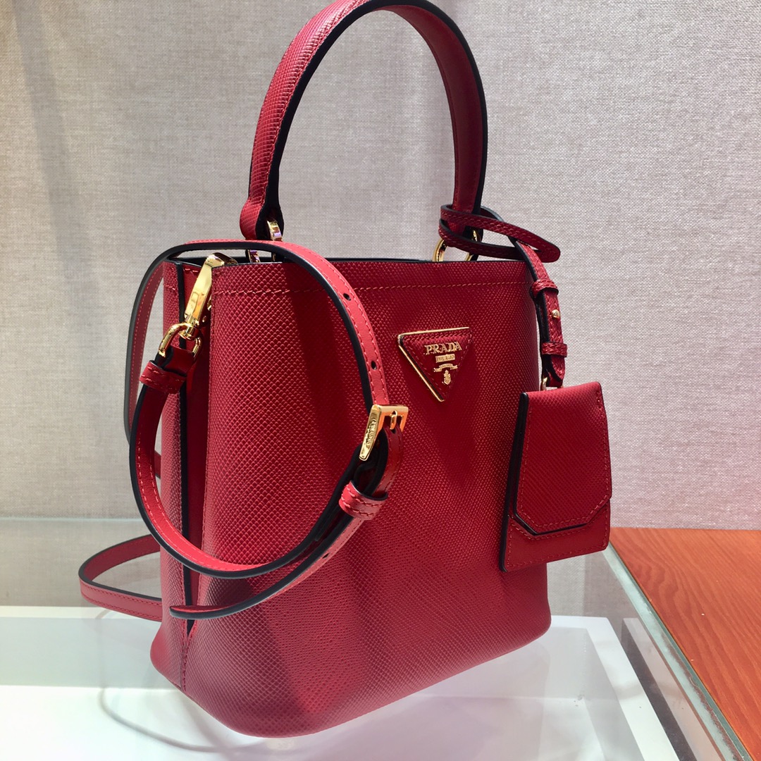 Prada Small Saffiano Leather Panier Bag Red/Black 1BA217